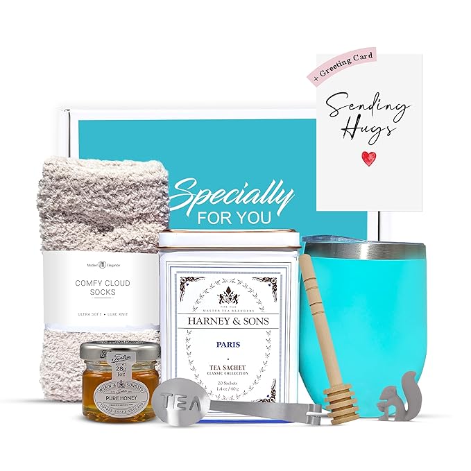 Tea Gift Set for Women – Thoughtful Get Well Gift Box with Cozy Socks, Stainless Tumbler, 20 Teaa Sachets, Honey Jar & Sending Hugs Card (Paris Tea - Cloud Socks)