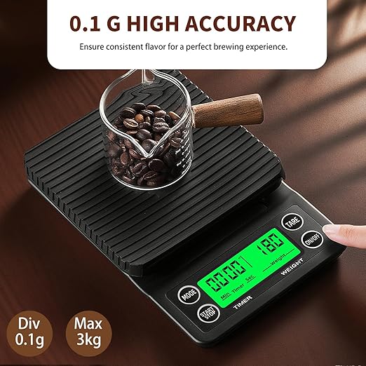 Coffee Scale with Timer - 0.1g Accurate, 3kg Drip Espresso Scale for Pour Over Coffee, Portable Digital Kitchen Food Scale with, LCD Displa, Non-Slip Mat (Including Batteries) - Black