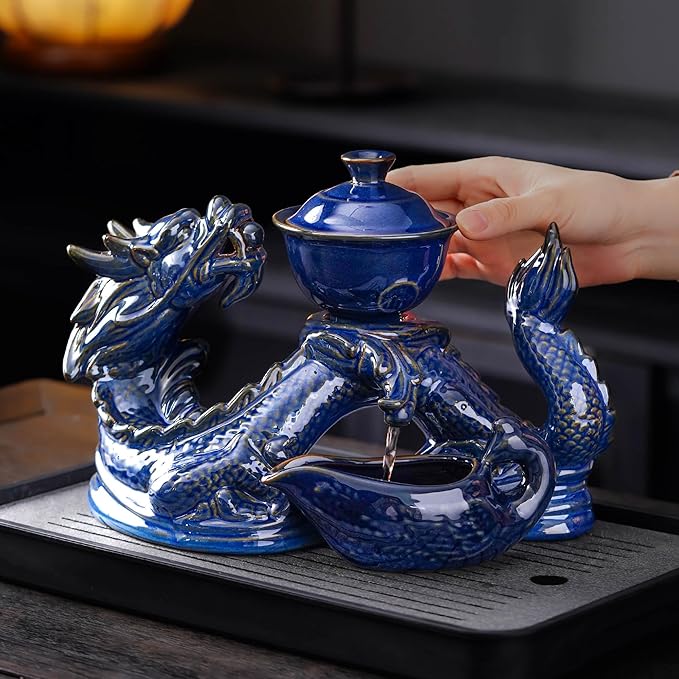 Semi Automatic Tea Set Ceramic Teapot with Infuser Magic Teapot with 8 cups (dark blue dragon-a)