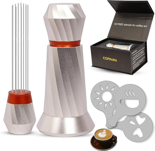 WDT Tool Espresso – Professional Espresso Stirrer Tool – Premium Aluminum Espresso Distributor– Espresso Distribution tool replaceable S.S Needles – coffee stir with prime gift box–SILVER