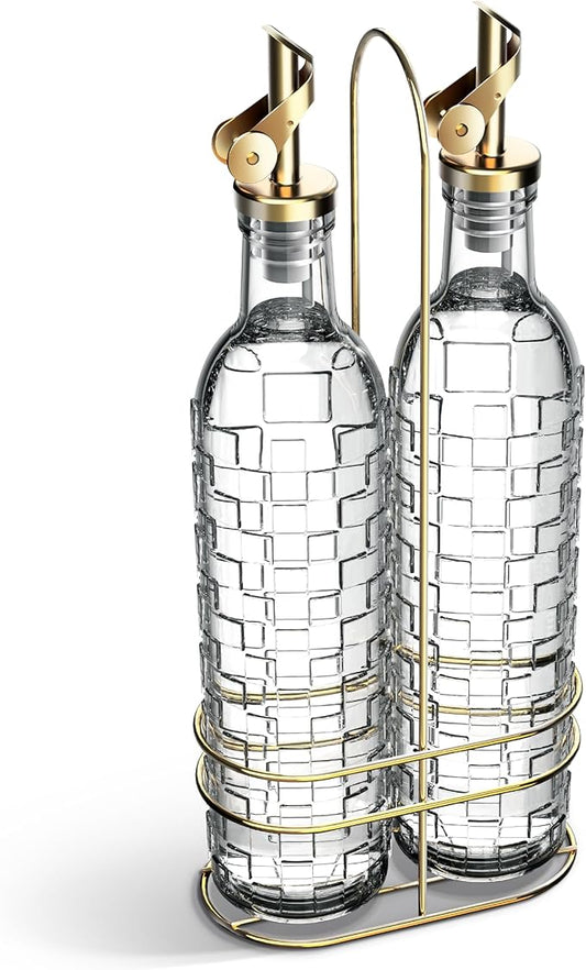 COOK WITH COLOR Glass Olive Oil Bottle Dispenser - 2 Pack- 17oz Oil and Vinegar Cruet - Olive Oil Carafe Decanter for Kitchen, Checkered, Clear