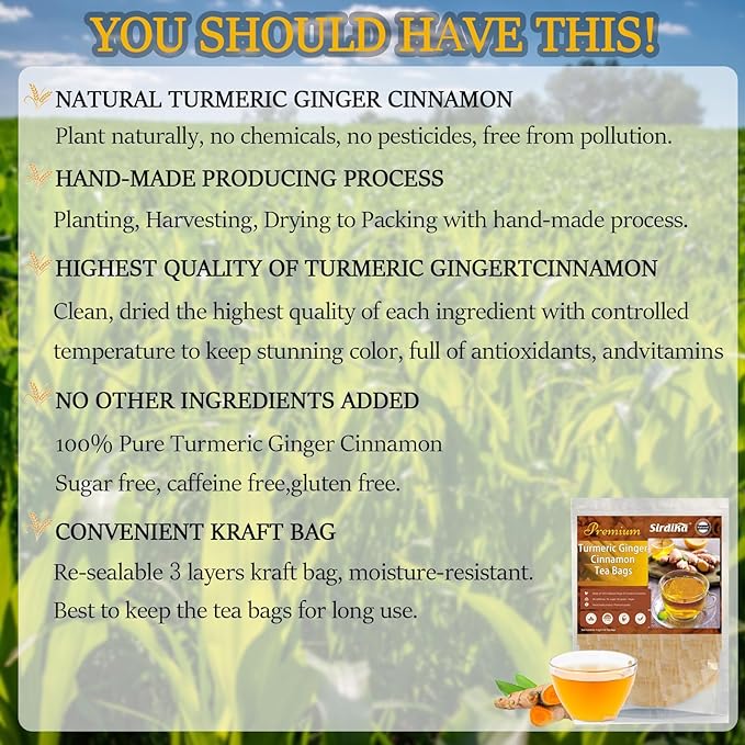 Premium Turmeric Ginger Cinnamon Tea Bags Organic, Turmeric Curcumin Supplement for Joint Support100% Natural, Rich in Antioxidants, Hand-Made Blend, No Sugar, No Caffeine, No Gluten, Vegan. (150)