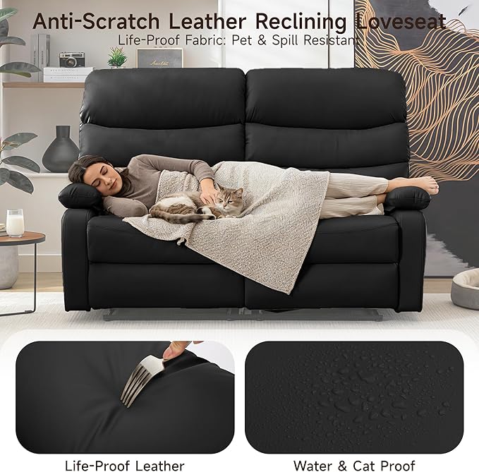 Reclining Loveseat, PU Leather Double Recliner Sofa with Side Pocket, Wall Hugger Loveseat Recliner for Living Room, RV, Home Theater(Black)