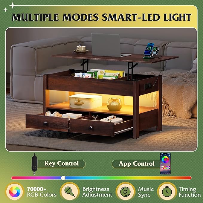 WLIVE Coffee Table, Lift Top Coffee Table with 2Drawers, LED Light, Large Storage and Open ShelfLift Tabletop for Living Room, Espresso