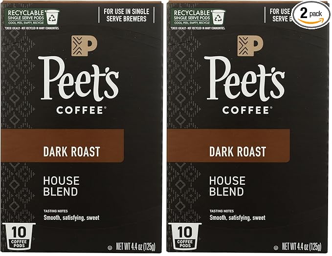 Peet's Coffee House K Cup Coffee Pods for Keurig Brewers, Dark Roast, 10 Pods, 4.4 oz (Pack of 2)