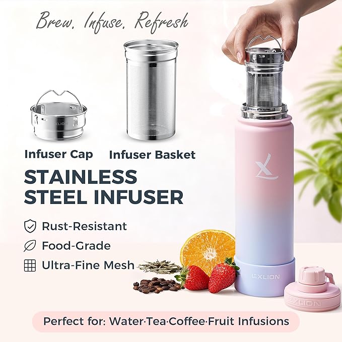 Lexlion Tea Infuser Water Bottle 32 Oz – Triple Wall Insulated Stainless Steel, Loose Leaf & Fruit Strainer, 3 Leakproof Lids, BPA-Free Silicone Sleeve, Reusable Thermal Mug