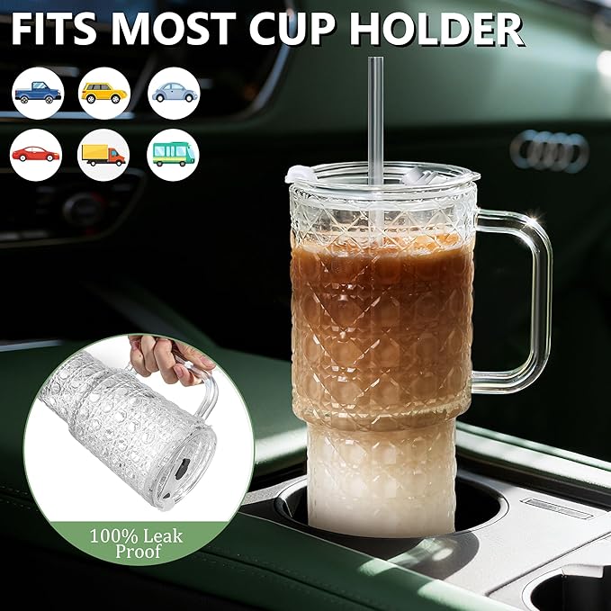 26oz Glass Cups with Lids and Straws,2 Pack Tumbler With Handle Mason Jar Wide Mouth Reusable Drinking Glasses with Lid and Straw Smoothie Tumbler Iced Coffee Beer Cup Travel Mug(Diamond)