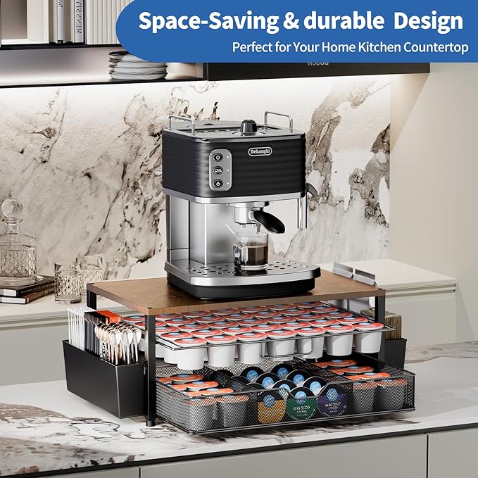 K Cup Holder Organizer, 2-Tier Coffee Pod Holder for 63 Large/80 Small Capsules with Storage Drawer & 2 Accessory Holders, Kcup Organizer for Countertop Coffee Station in Kitchen, Office, Coffee Bar