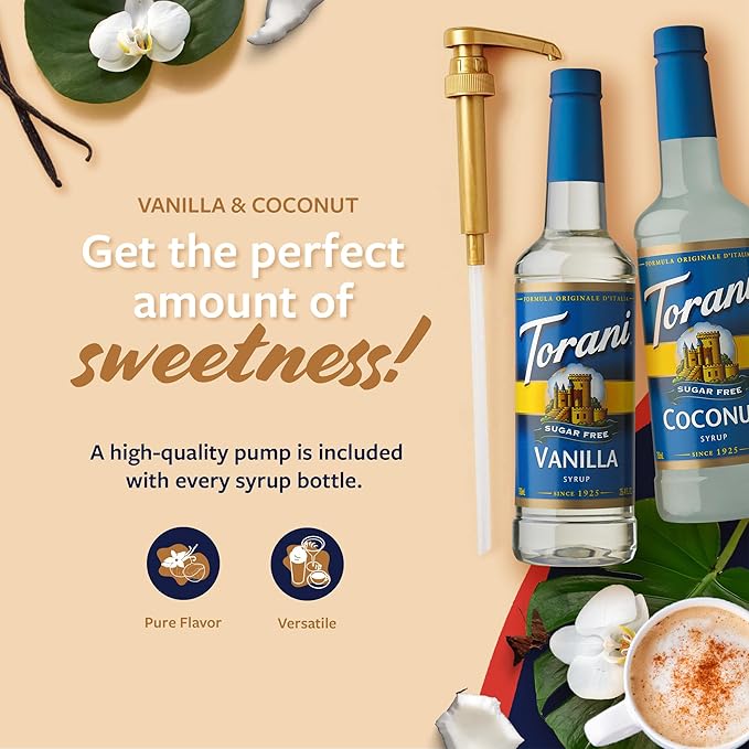 Torani Sugar Free Coconut Syrup and Sugar Free Vanilla Syrup Variety 2-Pack, Coffee Syrups for Drinks, Pumps Included, 25.4 Fl Oz Ea