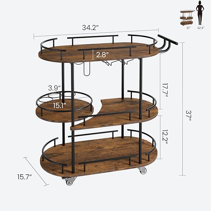 GarveeHome Black Bar Carts with 4-Tiers Storage Shelves，Mobile Bar Seving Carts On Wheels with Wine Rack and Glass Holder for Kitchen, Dining Room, Living Room-Black+Retro Brown