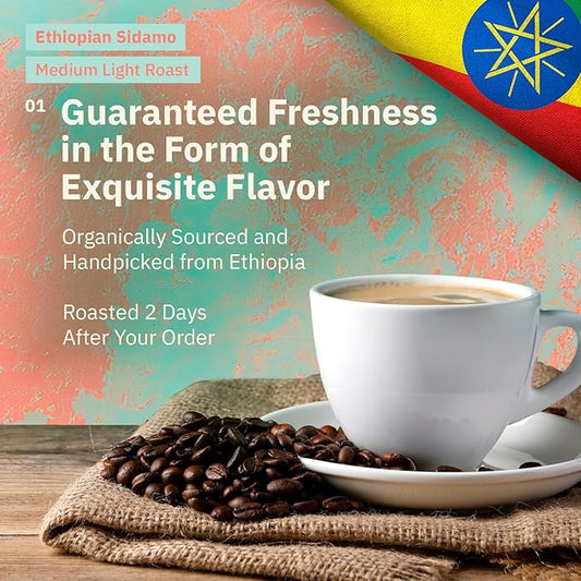 Ethiopian Sidama Ground Coffee - Single Origin Medium Light Roast, Freshly Roasted To Order Ground Coffee, Specialty Grade, Fair Trade and Non-GMO, Chocolate and Fruity Notes - 12 oz