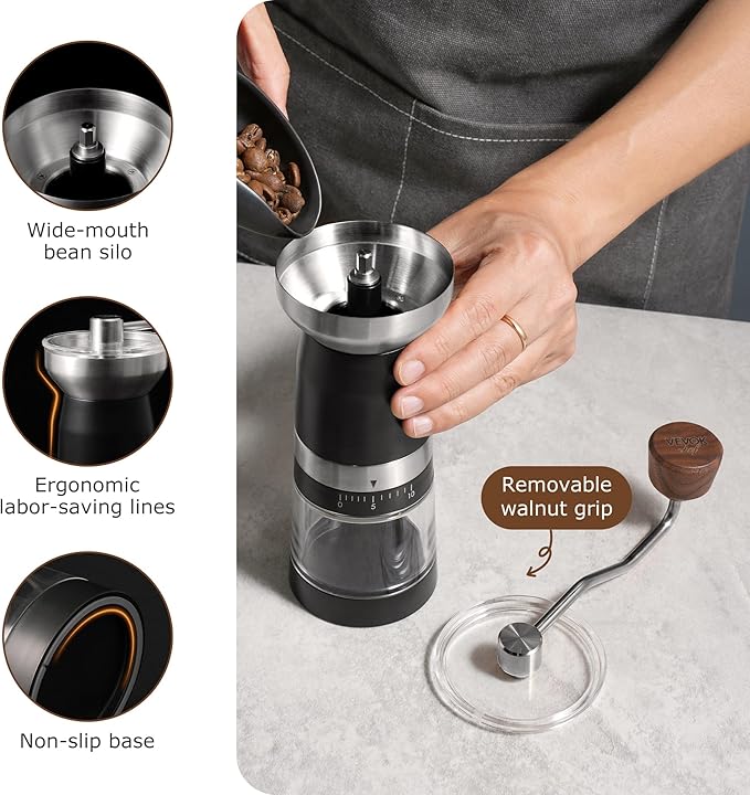 VEVOK CHEF Manual Coffee Grinder 10 External Adjustment Fashion Bean Grinder Stainless Steel Double Bearing Conical Burr Portable Hand Coffee Mill for Home,Camping,Silver