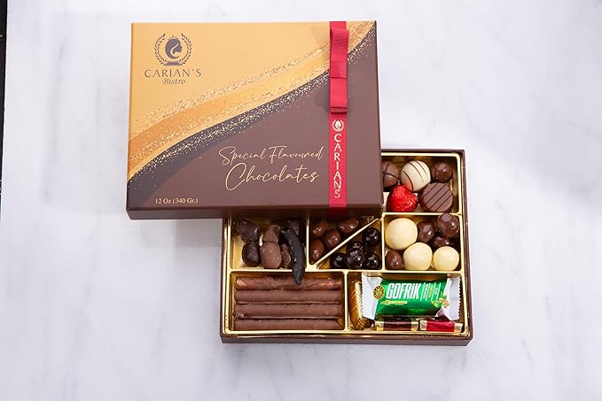 CARIANS Chocolate Gift Box, Luxury Assortment Pralines, Chocolate Covered Turkish Delights, Dragees with Strawberry, Pistachio, Hazelnut, Great For Gift Giving, Christmas, Thanksgiving, Anniversary