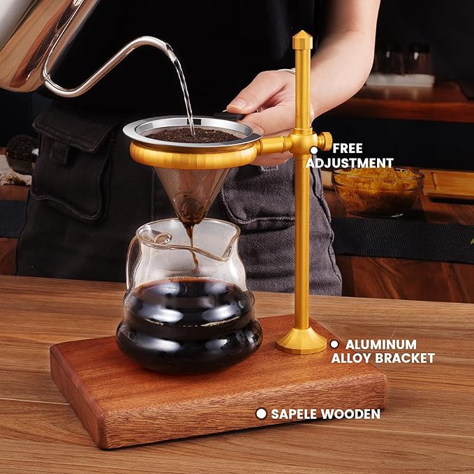 LAMLENT Pour Over Coffee Stand, Height Adjustable Pour over Coffee Maker with Sapele Wooden Base, Paper Filters, Bronze