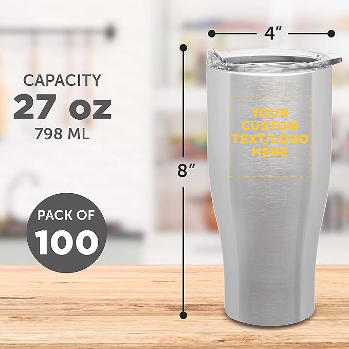 Custom Stainless Steel Grip Travel Mugs 27 oz. Set of 100, Personalized Bulk Pack - Perfect for Coffee, Soda, Other Hot & Cold Beverages - Silver