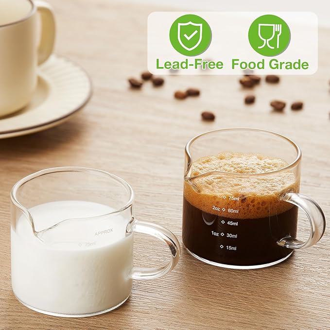 Mfacoy 2 Pack Measuring Cups, 75ML Espresso Cups with Handle, Espresso Shot Glasses with V-Shaped Mouth, Clear Accessories, Milk Frothing Pitcher | with Handle, with V-Shaped Mouth, Accessories