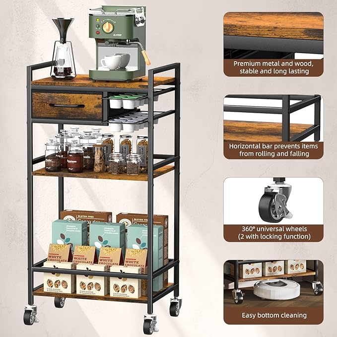 Housolution 4-Tier Coffee Bar Cart with Storage, 33" H Coffee Station Cabinet with Pod Drawers for Nespresso Vertuo, Mini Toaster Oven Stand Table for Home, Kitchen, Living Room (Rustic Brown)