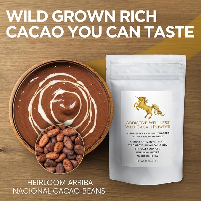 Addictive Wellness Raw Cacao Powder - Wild-Grown Heirloom Mycotoxin-Free Arriba Nacional Chocolate Cocoa Powder Unsweetened, Vegan, Keto & Paleo Friendly Raw Cacao Powder 340g (12 Ounce)