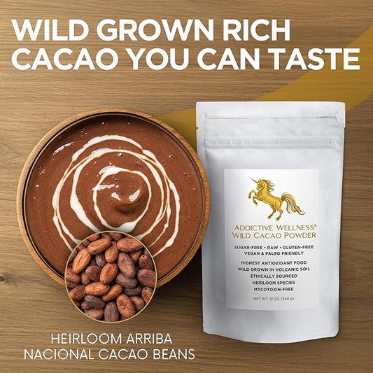 Addictive Wellness Raw Cacao Powder - Wild-Grown Heirloom Mycotoxin-Free Arriba Nacional Chocolate Cocoa Powder Unsweetened, Vegan, Keto & Paleo Friendly Raw Cacao Powder 340g (12 Ounce)