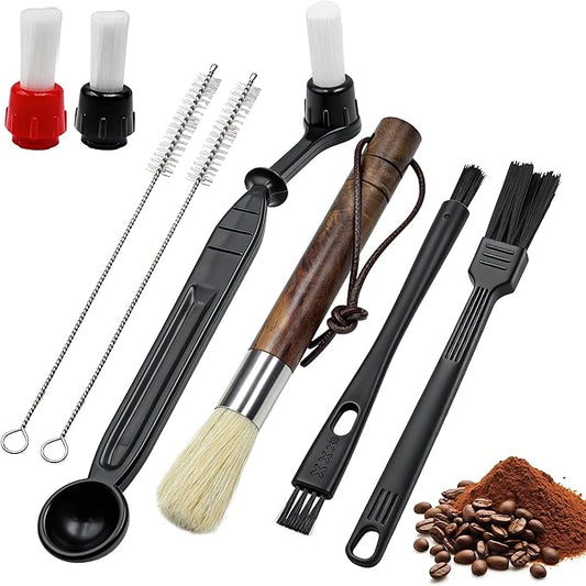 7PCS Coffee Grinder Cleaning Brush Set, Espresso Machine Cleaning Kit with Walnut Wood, Multifunctional Bristle Tools for Barista for Home Kitchen Commercial Use