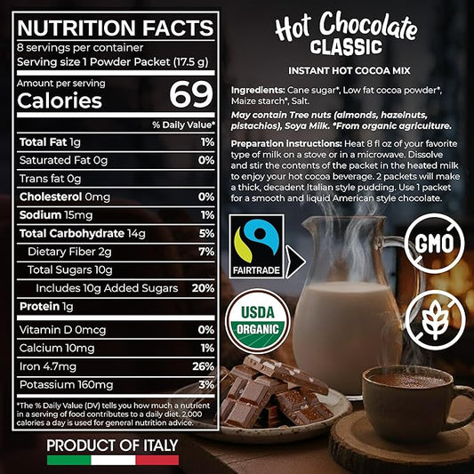 Cafe Garibaldi Premium Hot Chocolate Classic - Organic Instant Cocoa Mix with Cocoa Powder, Fair Trade Gluten-Free & GMO-Free 8 Servings x 0.62oz Packets, Ideal Italian Hot Chocolate Gift