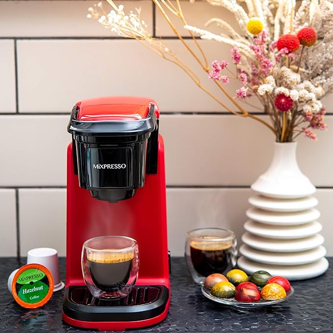 Mixpresso Single Cup Coffee Maker, Personal Single Serve Coffee Brewer Machine, Compatible with Single-Cups, Quick Brew Technology, One Touch Function Red Coffee Maker, 12oz One Cup Coffee Maker