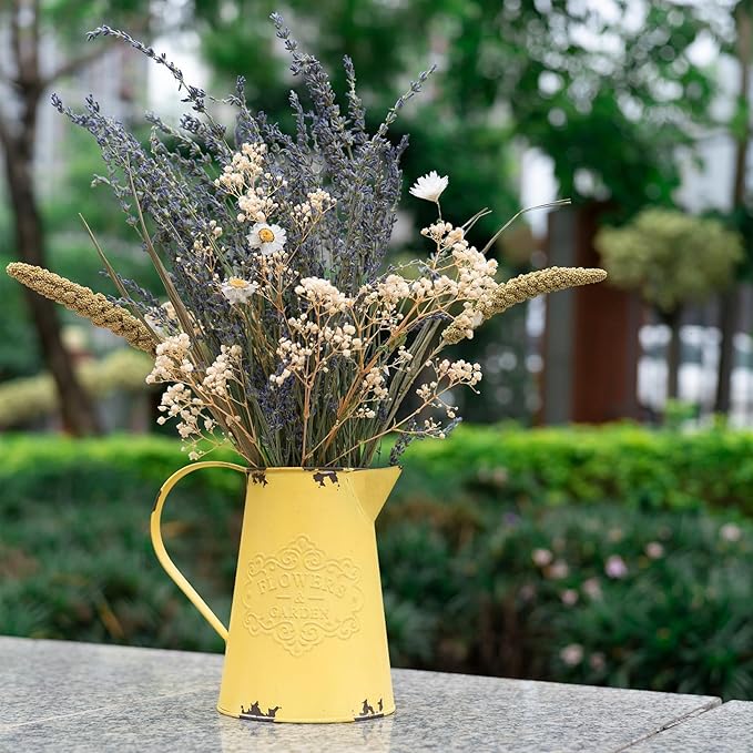 APSOONSELL Yellow Metal Flower Vase Vintage Jug Pitcher Shabby Chic Decor Rustic Farmhouse Kitchen Decor for Home