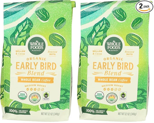 WHOLE FOODS MARKET Organic Whole Bean Early Bird Coffee, 12 OZ (Pack of 2)