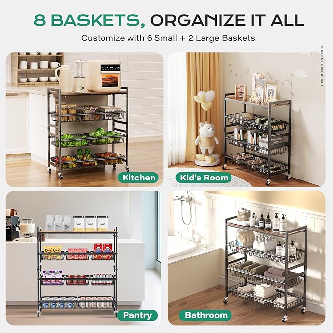 Cinati 4-Tier Utility Kitchen Cart with Wood Top, 29" W Kitchen Storage Cart with 8 Baskets & Handle, Metal Snack Cart with Wheels, Adjustable Pantry Organizer and Storage Cart for Fruit, Vegetables