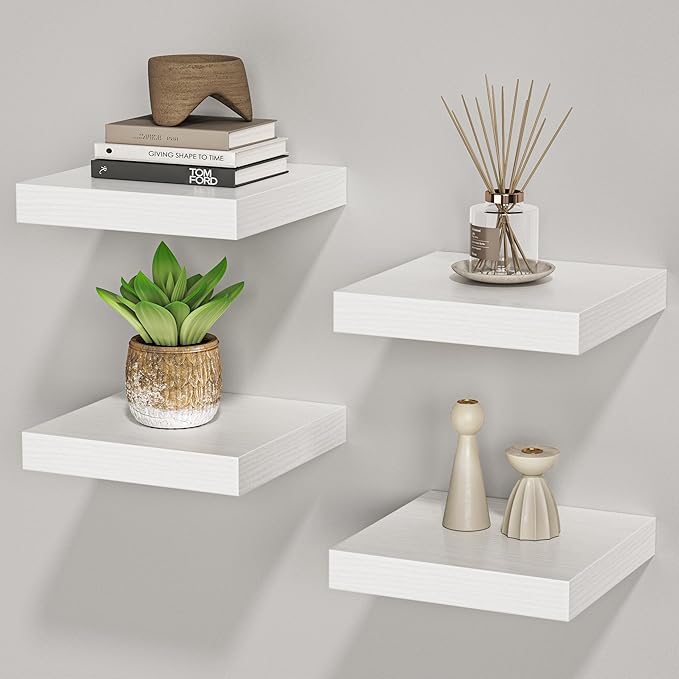 Square Floating Shelves for Wall, 7.5" W x 7.5" D x 1.4" H, Small Wooden Wall Mounted Display Shelf with Invisible Brackets for Living Room, Bathroom, Kitchen Decor, Set of 4, White
