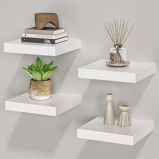 Square Floating Shelves for Wall, 7.5" W x 7.5" D x 1.4" H, Small Wooden Wall Mounted Display Shelf with Invisible Brackets for Living Room, Bathroom, Kitchen Decor, Set of 4, White