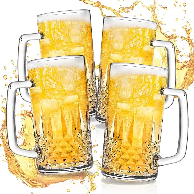 20oz Beer Mug, 4 Pack Glass Beer Mugs for Freezer, Clear Large Beer Steins with Handle, Gifts for Men
