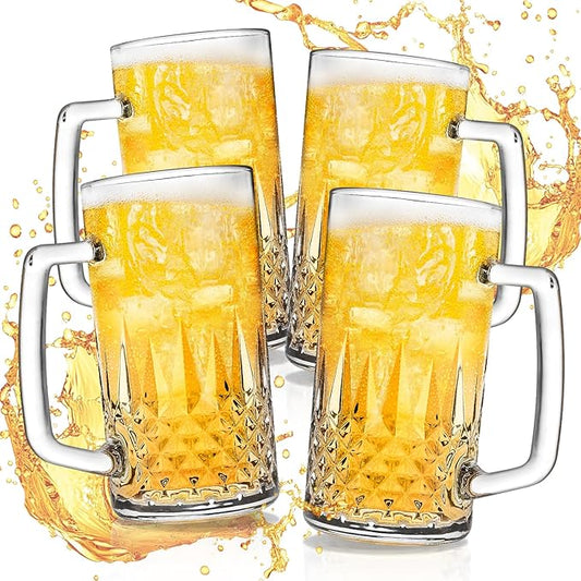 20oz Beer Mug, 4 Pack Glass Beer Mugs for Freezer, Clear Large Beer Steins with Handle, Gifts for Men
