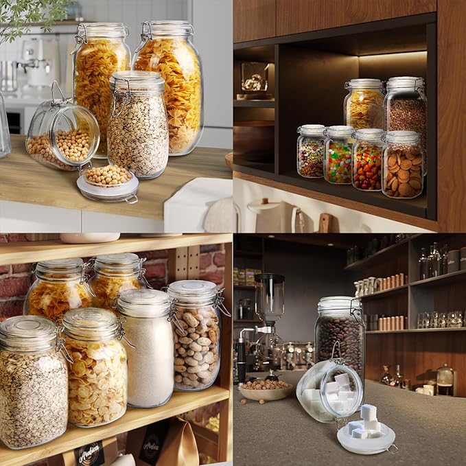 Glass Jars with Airtight Lid Set of 6, 17 floz Wide Mouth Mason Jars with Clamp Lids,Glass Sealed Jars with Air Tight Lids, Best for Kitchen & Pantry Food Storage