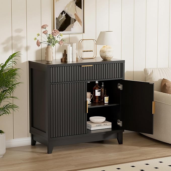 Vabches Fluted Sideboard Buffet Cabinet with Storage, 32" Wide Coffee Bar Console Table with Drawer, Fluted Doors & Adjustable Shelf, Wood Buffet Table for Living Room, Kitchen Dining Room, Black
