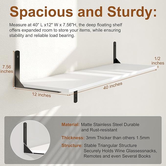 White Floating Shelves 40"W x 12"D, Deep Wall Shelves with Brackets for Books, Plant, 12 Inch Deep Bathroom Shelf Set of 2, Large Floating Shelf for Living Room, Bedroom, Kitchen, Set of 2