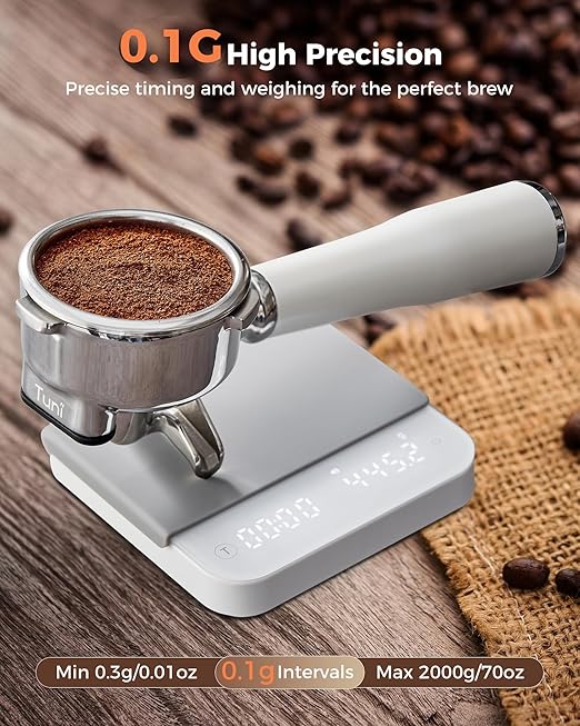 Tuni Rechargeable Mini Coffee Scale with Timer, 2kg/0.1g Accurate Espresso Scale for Espresso and Pour-Over Coffee, Portable Digital Kitchen Scale with Automatic Timing, White