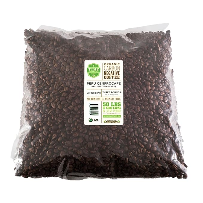 Tiny Footprint Coffee - Fair Trade Organic Peru APU Medium Roast - Whole Bean Coffee, USDA Organic & Carbon Negative - You Drink Coffee, We Plant Trees, 3 Pounds