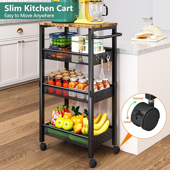 Utility Slim Storage Cart with Wheels, 4-Tier Narrow Rolling Organizer Shelf with Wood Top, Metal Storage Rack and Space-Saving Organizer for Bathroom, Kitchen, Laundry Room, Small Spaces
