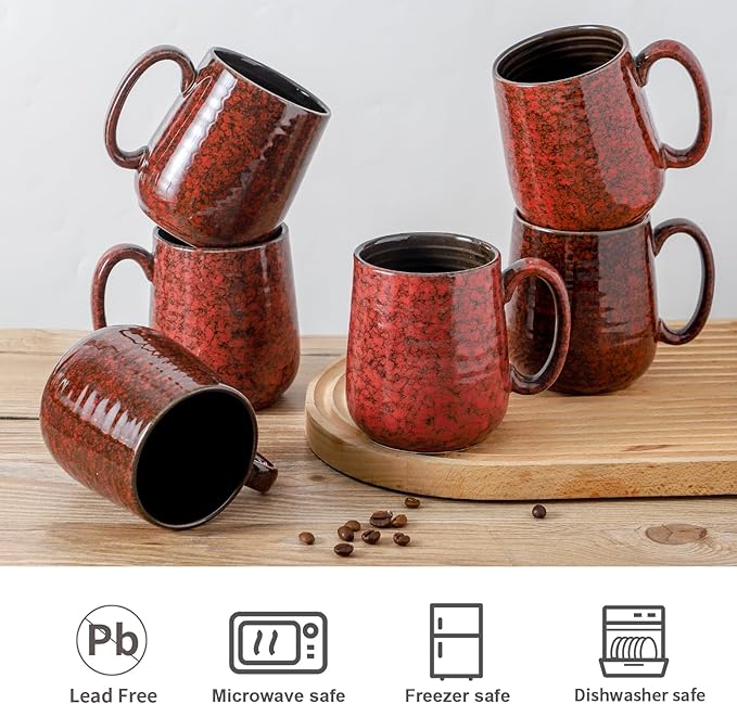 HASENSE Coffee Mugs Set of 6, 15 Ounce Ceramic Coffee Cups Set with Handle, Large Tea Mug for Kitchen, Red Cup for Tea,Cocoa, Milk, Christmas Gift for Women and Men, Dishwasher and Microwave Safe