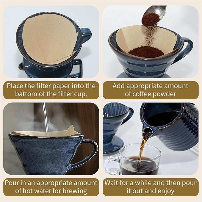 Vintage Ceramic Pour Over Coffee Maker with V60-Style Dripper and 40 Paper Filters (Blue)