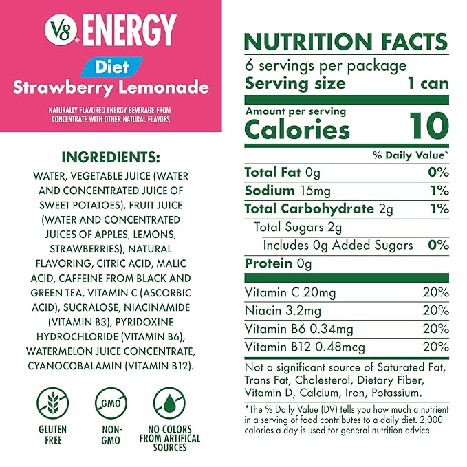 V8 Energy Diet Strawberry Lemonade Juice Energy Drink, 8 fl oz Can (6 Pack) (Case of 4)