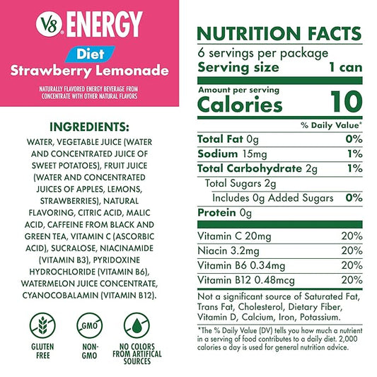 V8 Energy Diet Strawberry Lemonade Juice Energy Drink, 8 fl oz Can (6 Pack) (Case of 4)