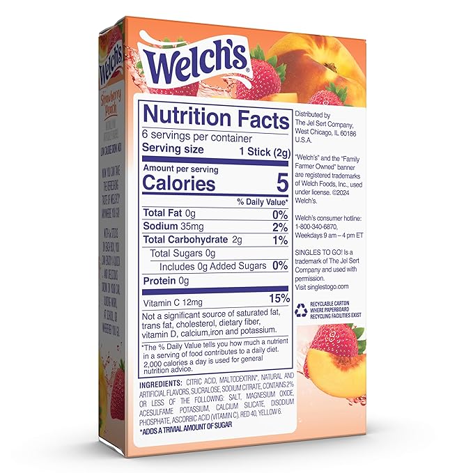 Welch's Singles To Go Water Drink Mix - Powder Sticks, Strawberry Peach, 0.48 Ounce (Pack of 12)