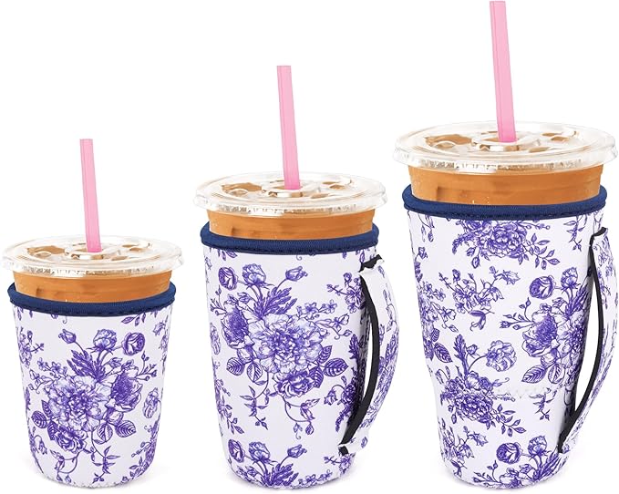 3 Pack Iced Coffee sleeve Insulated Neoprene Cup Sleeves with handle For Cold Drinks Beverages, Reusable Cup Holder for 16oz-32oz Coffee Cups (Floral Porcelain)