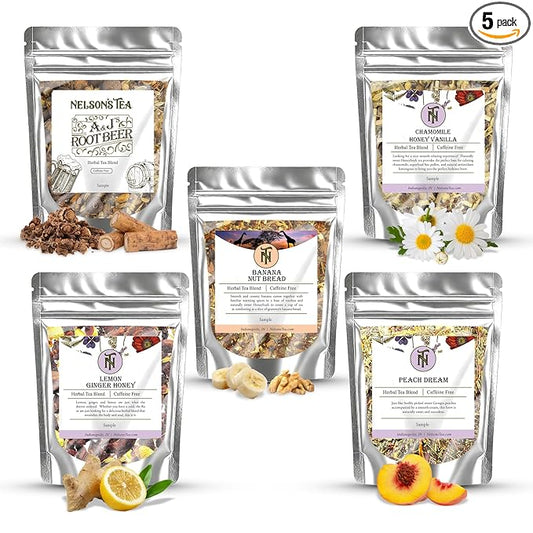 Nelson's Tea Favorites Sampler Pack - Caffeine Free - Loose Leaf Tea Sampler - A&J's Root Beer, Banana Nut Bread, Chamomile Honey Vanilla, Lemon Ginger Honey, Peach Dream - Samples Sizes