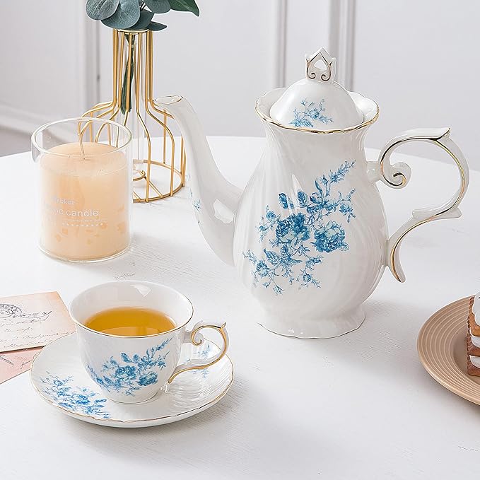 tea pot ceramic, Porcelain teapot with lid, 38.8 Oz for Tea, Milk, Coffee, Flower tea(Blue)
