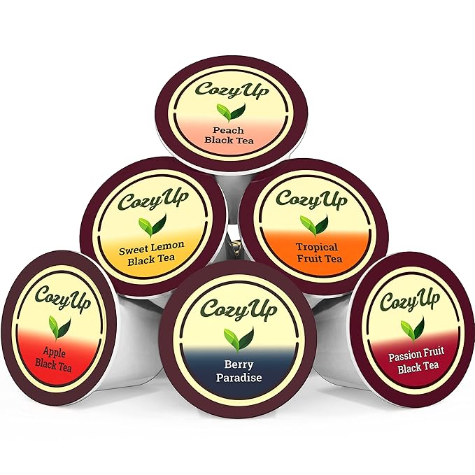 Cozy Up Iced Sweet Fruit Black Tea K-Cup Variety Pack, 36 Count, Guilt-Free Zero Calorie Sweetness - Compatible with Keurig - Lemon, Tropical, Berry, Passion Fruit, Apple & Peach - Single Serve Pods for Brew Over Ice