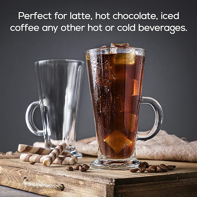 Crystalia Tall Irish Coffee Mugs with Handle, Large Colombian Glasses Set of 2, Tall Funnel Clear Glasses for Iced Coffee, Latte, Cappuccino, and Hot Chocolate, Big Plain Glass (Large 12 oz)