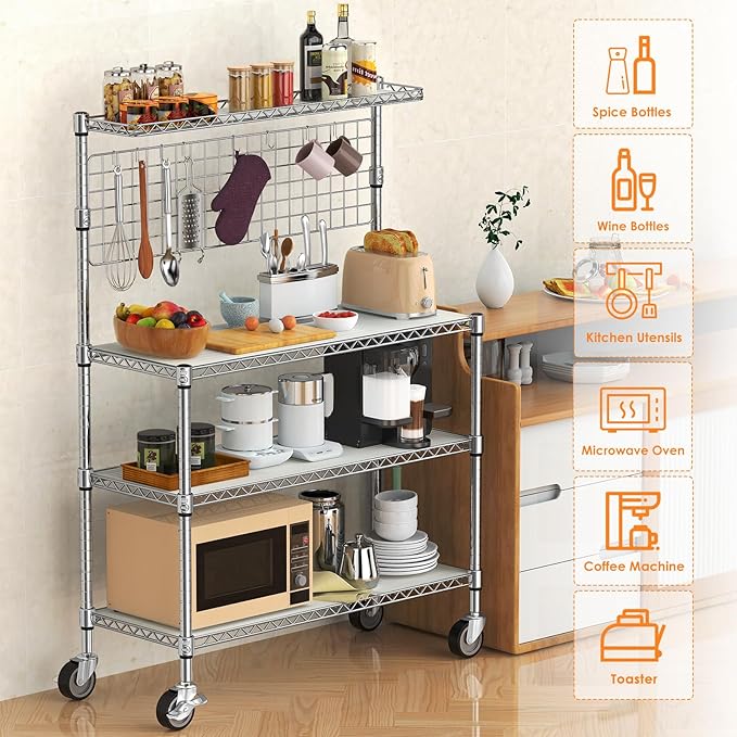 Leteuke Bakers Rack with Storage & Wheels, 42 Inch Microwave Stand Kitchen Shelves, 4-Tier Heavy Duty Storage Rack with 20 S-Hooks, Commercial Metal Utility Kitchen Cart, 42× 18× 63 Inch, Chrome
